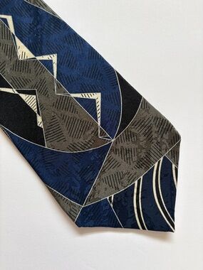Adolfo Silk Tie 4" Wide Blue Gray Black Geometric Abstract Vintage Power Tie